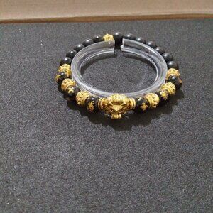 Black Onyx and Gold Lion Head Beaded Bracelet – Men’s Luxury Spiritual Energy Je